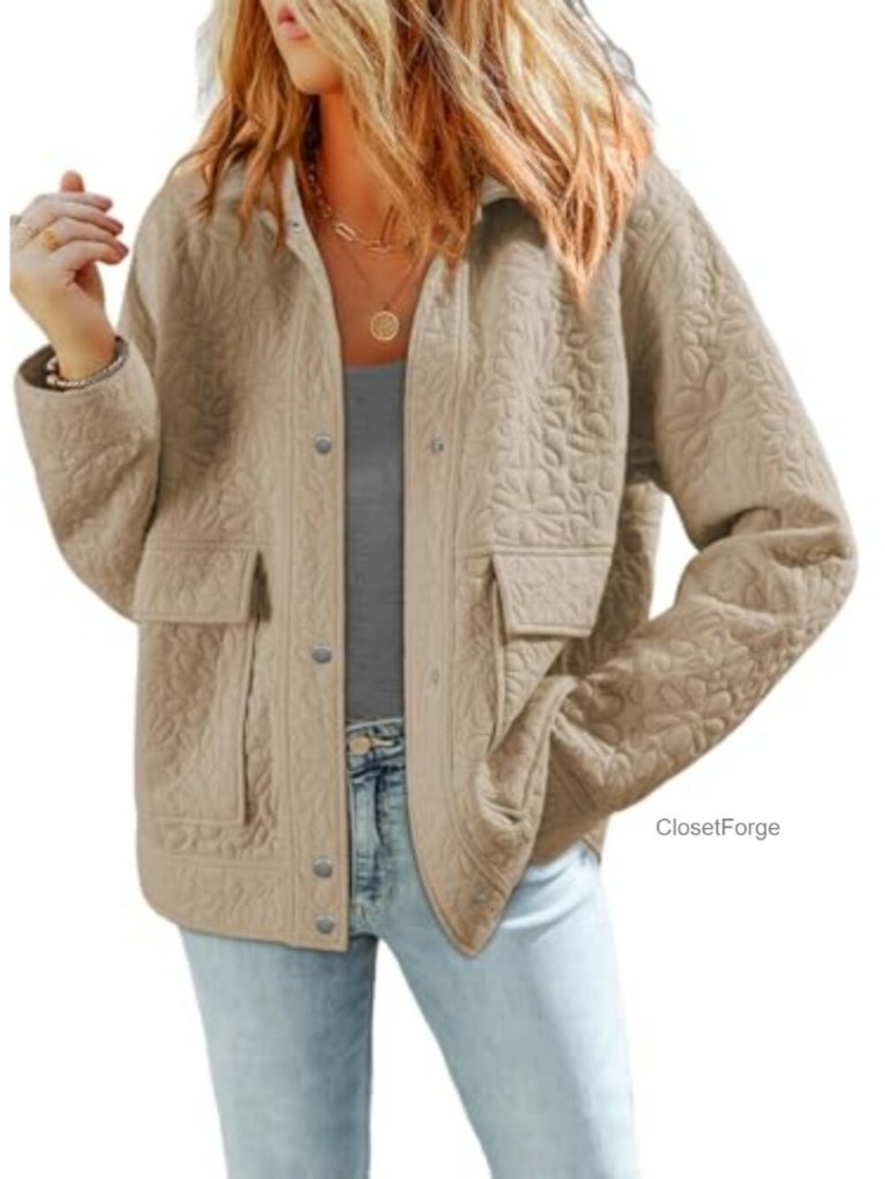 Womens Casual Jacquard Shacket Jacket with Pockets